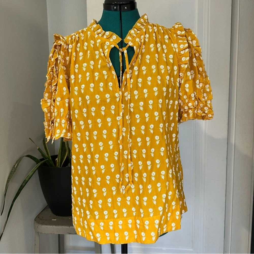 J. Crew Mustard Yellow Floral Tie-Neck Ruffle Sleeve Blouse - Picture 1 of 9